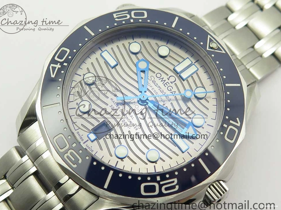 0113 Effortless 2018 Seamaster Diver 300M OMF Best Edition Blue Ceramic Gray Dial on SS Bracelet A8800 (Black Balance Wheel) 7958